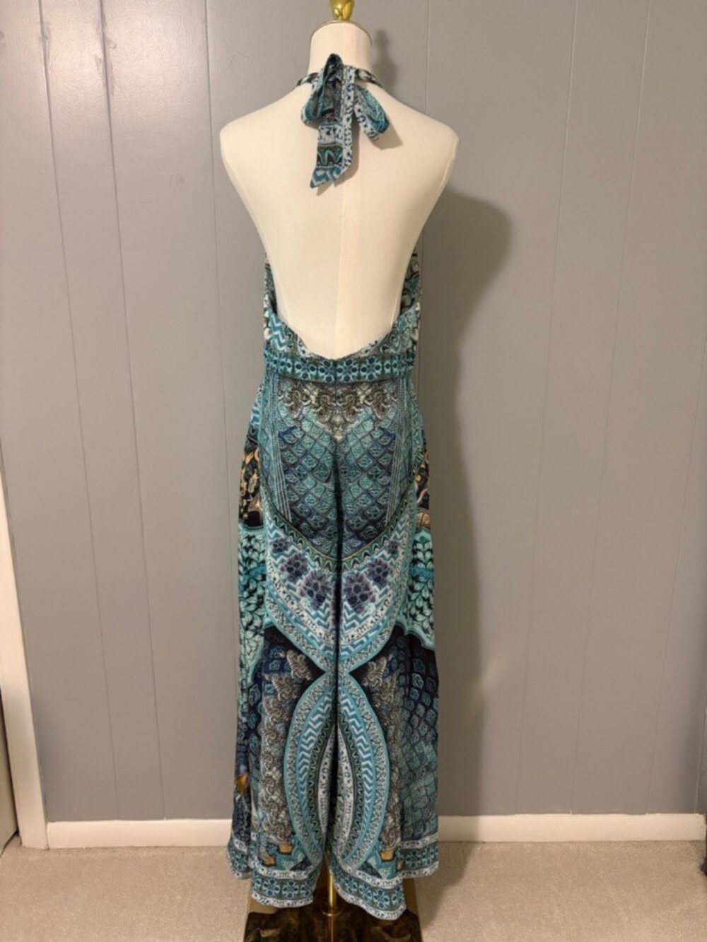 CAMILLA Turn on the Charm Blue Silk Tie Neck Halter Wide Leg Jumpsuit Crystal XS - Picture 11 of 16